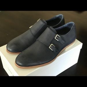 Calvin Klein DBL Monk Leather Shoes Sz 9.0 NAVY !!